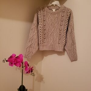 H&M beige sweater pom pom crewneck neutral basic sz S